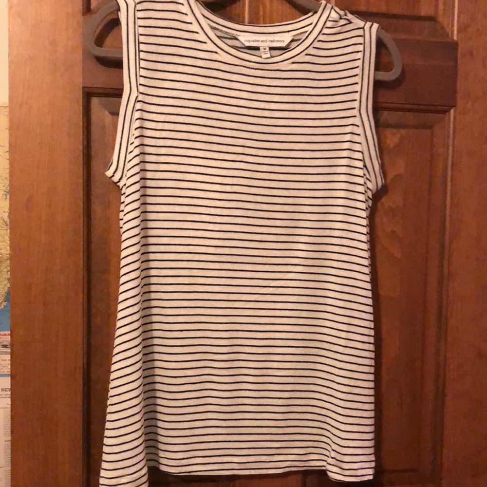 cupcakes & cashmere White and Black Striped Sleeveless Tank